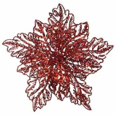 1x kerstbloem versiering rode glitter kerstster/poinsettia op clip 23 x 10 cm kerstversiering