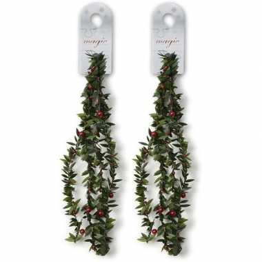 2x groene dunne kerst slingers met rode versiering 150 cm kerstversiering