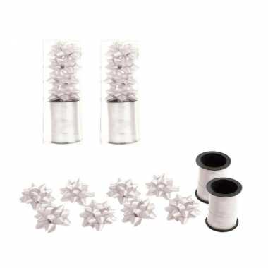 2x rollen cadeaulint sierlint 10 meter wit en 8 strikjes kerstversiering