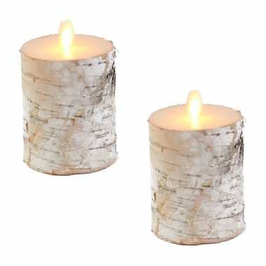 3x witte berkenhout kleur led kaarsen stompkaarsen 10 cm kerstversiering