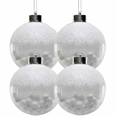 8x witte kunststof kerstballen met sneeuwballetjes 8 cm kerstversiering