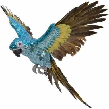 Blauwe/gele vliegende decoratie ara papegaaien 40 cm dierenbeelden kerstversiering