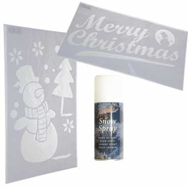 Kerst raamdecoratie sjablonen sneeuwpop en merry christmas tekst met sneeuwspray kerstversiering