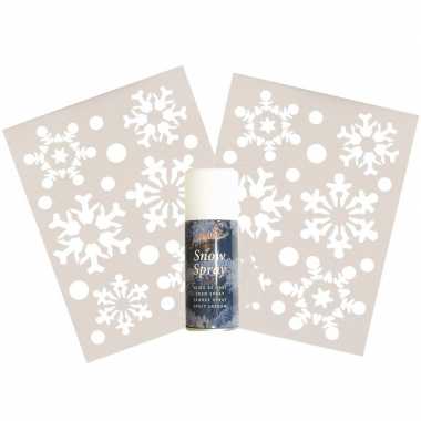 Kerst raamdecoratie sjablonen sneeuwvlokjes 30 cm 2 stuks met sneeuwspray kerstversiering