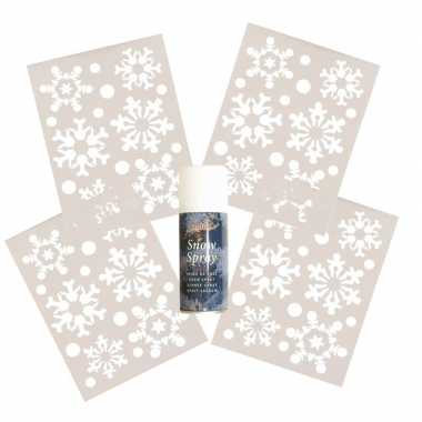 Kerst raamdecoratie sjablonen sneeuwvlokjes 30 cm 4 stuks met sneeuwspray kerstversiering