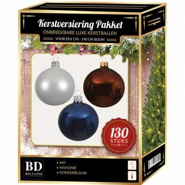 Kerstballen met piek set wit-bruin-donkerblauw voor 180 cm kerstboom kerstversiering