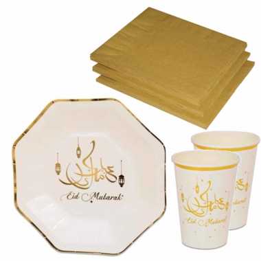 Tafel dekken ramadan mubarak feestartikelen wit/goud 16x bordjes/16x drink bekers/20x servetten kerstversiering