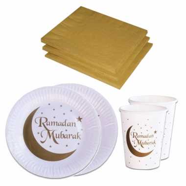 Tafel dekken ramadan mubarak feestartikelen wit/goud 24x bordjes/24x drink bekers/40x servetten kerstversiering