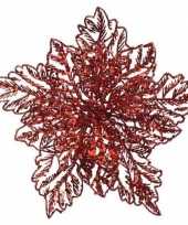 1x kerstbloem versiering rode glitter kerstster poinsettia op clip 23 x 10 cm kerstversiering