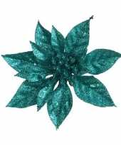 1x kerstbloemen versiering emerald groene glitter kerstster poinsettia op clip 15 cm kerstversiering