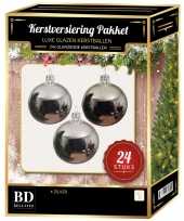 24 stuks glans glazen kerstballen pakket zilver 6 en 8 cm kerstversiering