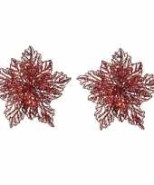 2x kerstbloem versiering rode glitter kerstster poinsettia op clip 23 x 10 cm kerstversiering