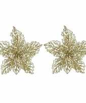 2x kerstbloemen versiering gouden glitter kerstster poinsettia op clip 23 x 10 cm kerstversiering