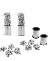 2x rollen cadeaulint sierlint 10 meter zilver en 8 strikjes kerstversiering