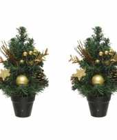 2x stuks mini kunst kerstbomen kunstbomen met gouden versiering 30 cm kerstversiering