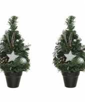 2x stuks mini kunst kerstbomen kunstbomen met zilveren versiering 30 cm kerstversiering