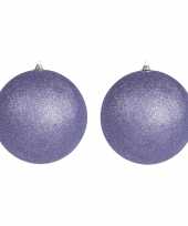 2x stuks paarse grote kerstballen met glitter kunststof 18 cm kerstversiering
