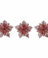 3x kerstbloem versiering rode glitter kerstster poinsettia op clip 23 x 10 cm kerstversiering