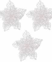 3x kerstbloem witte glitter kerstster poinsettia op clip 23 x 8 cm kerstversiering