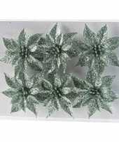 6x kerstbloemen versiering mintgroen glitter roos op clip kerstversiering