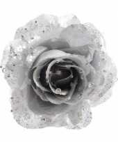 6x zilveren glitter roos met clip kerstversiering