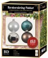 Kerstballen pakket 153 stuks met piek wit blauw bruin zilver kerstversiering