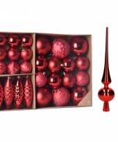 Kerstboomversiering pakket rode kunststof kerstballen kerstornamenten en piek kerstversiering
