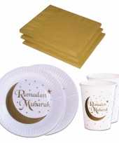 Tafel dekken ramadan mubarak feestartikelen wit goud 24x bordjes 24x drink bekers 40x servetten kerstversiering